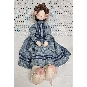 Vintage Handmade Rag Doll 24" Embroidered Cream Dress Black Hair Cloth